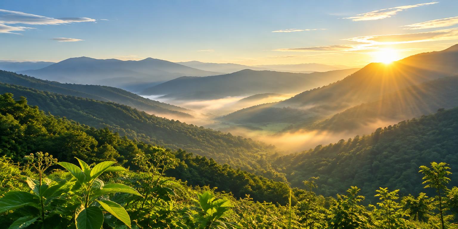 Morning sunlight over a peaceful green valley